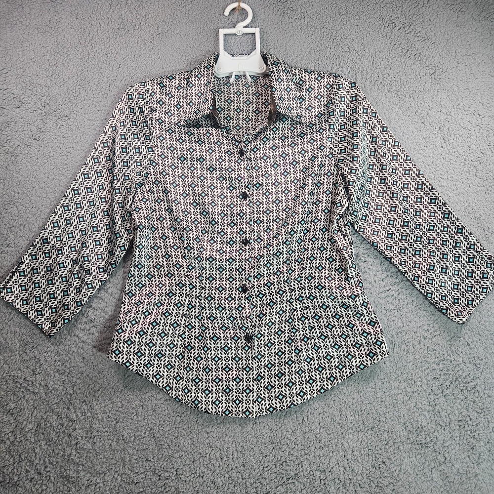 Bentley A. Shirt Top Womens Size 6 Geometric Print Shiny‎ White Brown USA - 6